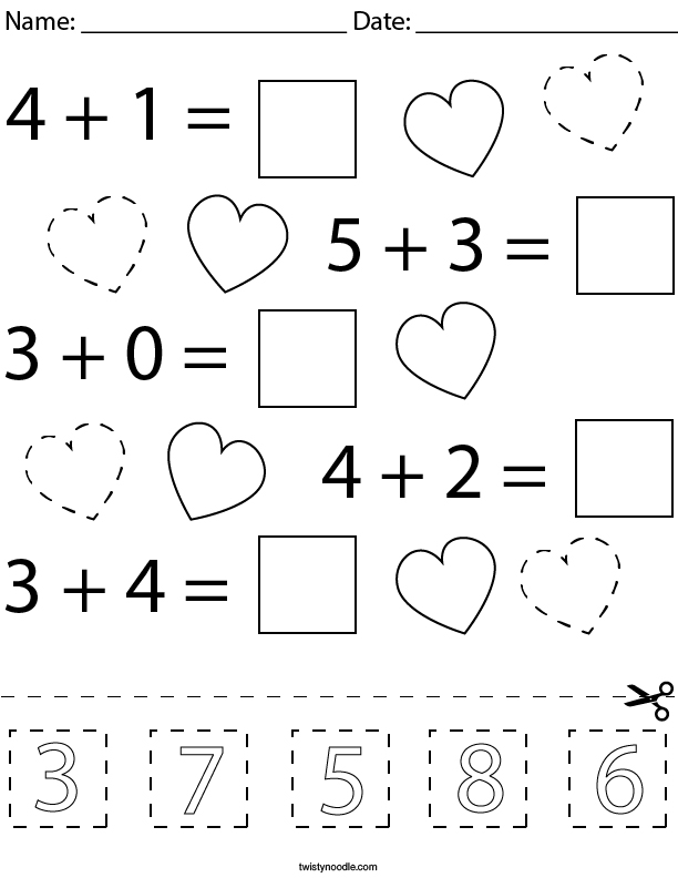 Valentine s Day Addition Cut And Paste Math Worksheet Twisty Noodle